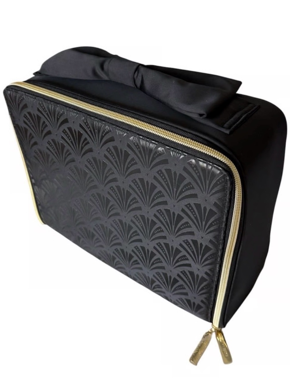 ESTEE LAUDER Art Deco Bow Travel Cosmetic Case Makeup Train Case Black Gold